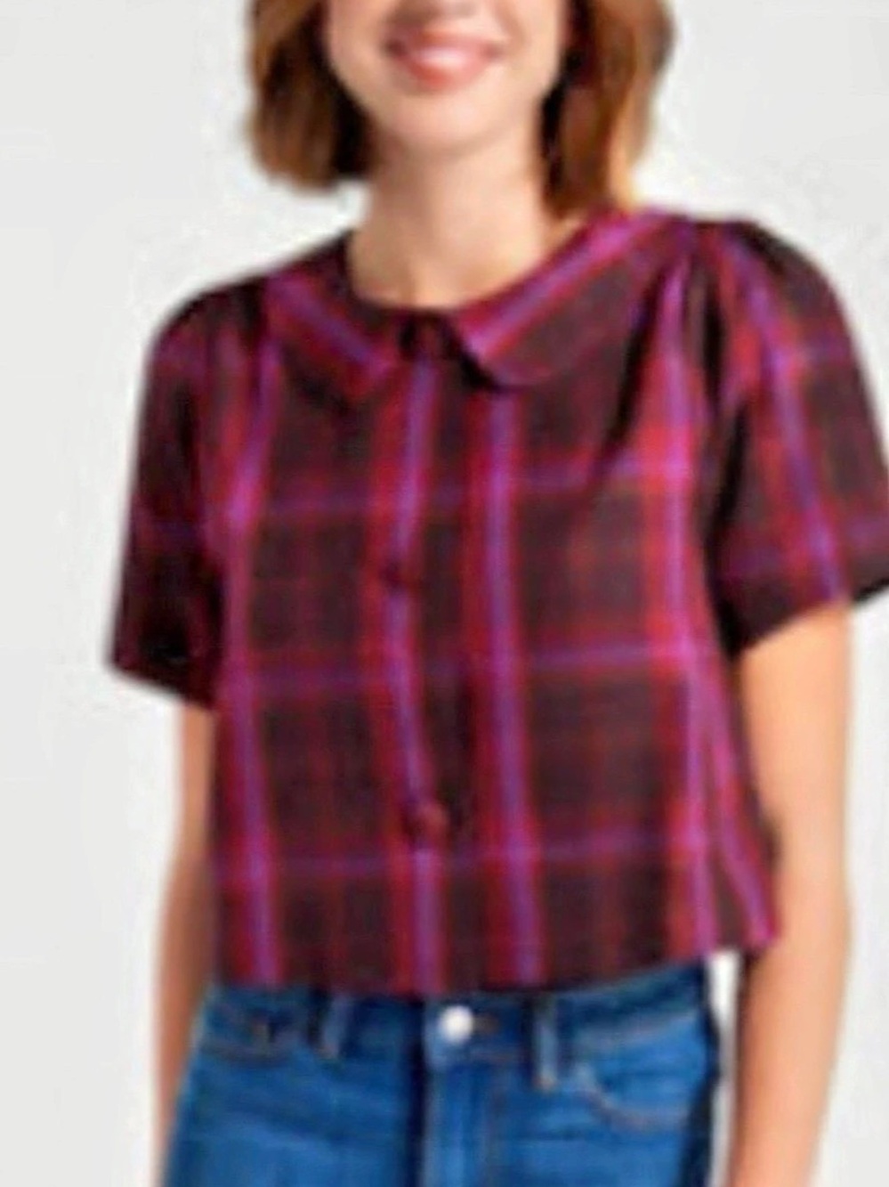 ModCloth Plaid Short Sleeve Jacket in Purple & Red 2X Like New vintage style cut